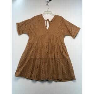 Wishlist Apparel Women's Brown V-Neck Eyelet Tie Back Babydoll Dress Beach Boho